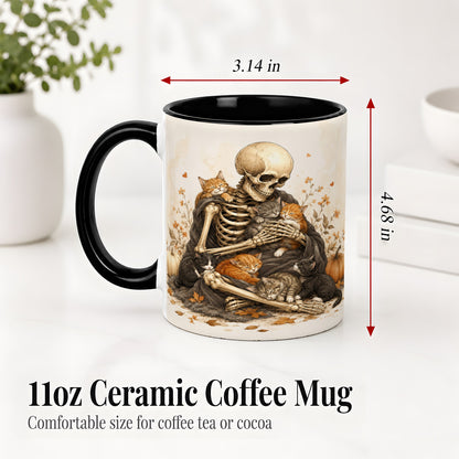 #pl[11oz|Black] Skeleton Cat Cuddle Ceramic Mug, Autumn Kitten Pumpkin Artwork