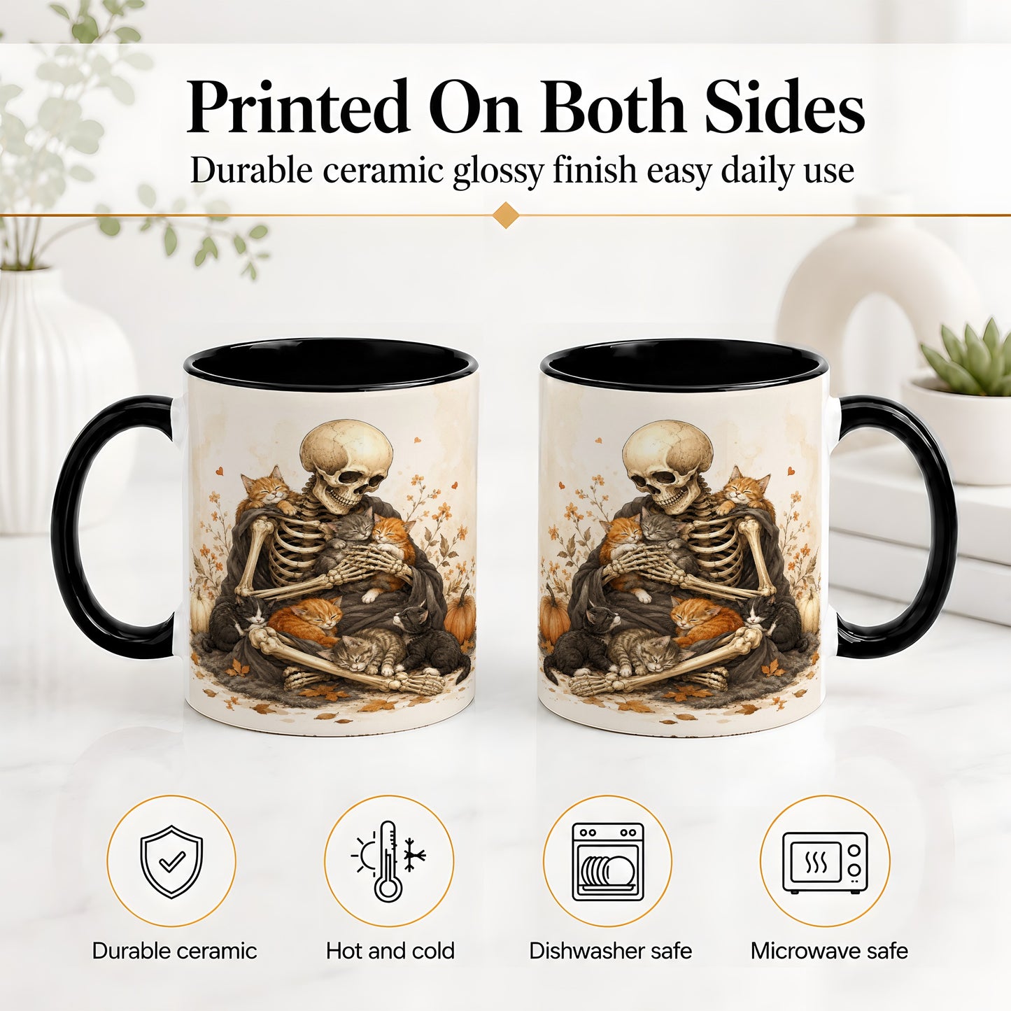 #pl[11oz|Black] Skeleton Cat Cuddle Ceramic Mug, Autumn Kitten Pumpkin Artwork