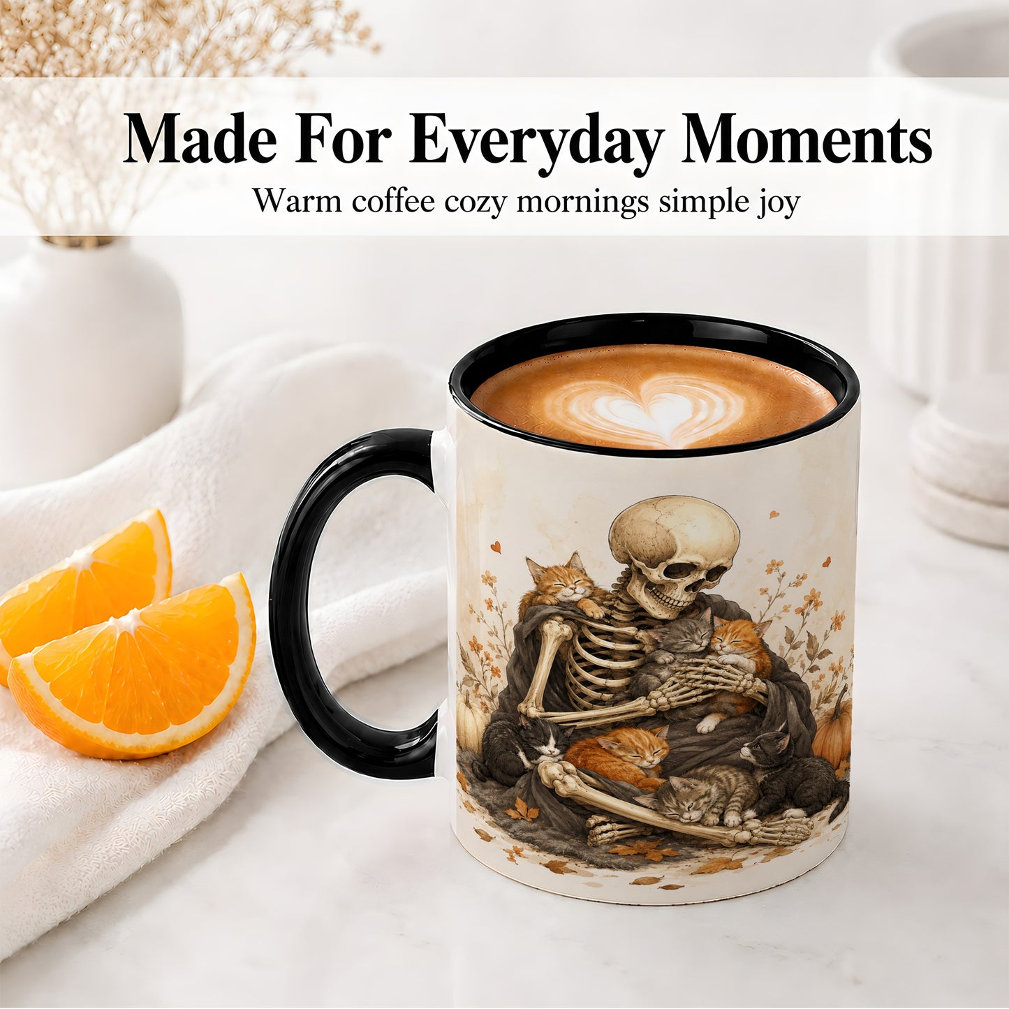 #pl[11oz|Black] Skeleton Cat Cuddle Ceramic Mug, Autumn Kitten Pumpkin Artwork