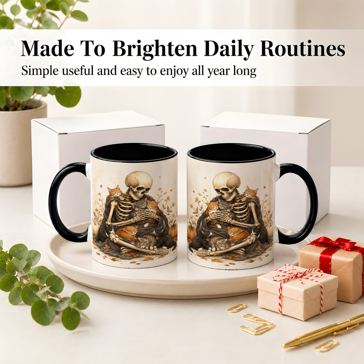 #pl[11oz|Black] Skeleton Cat Cuddle Ceramic Mug, Autumn Kitten Pumpkin Artwork
