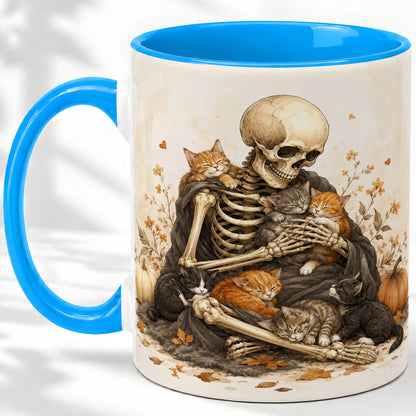 #pl[11oz|Blue] Skeleton Cat Cuddle Ceramic Mug, Autumn Kitten Pumpkin Artwork