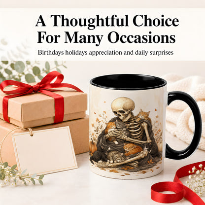#pl[11oz|Black] Skeleton Cat Cuddle Ceramic Mug, Autumn Kitten Pumpkin Artwork