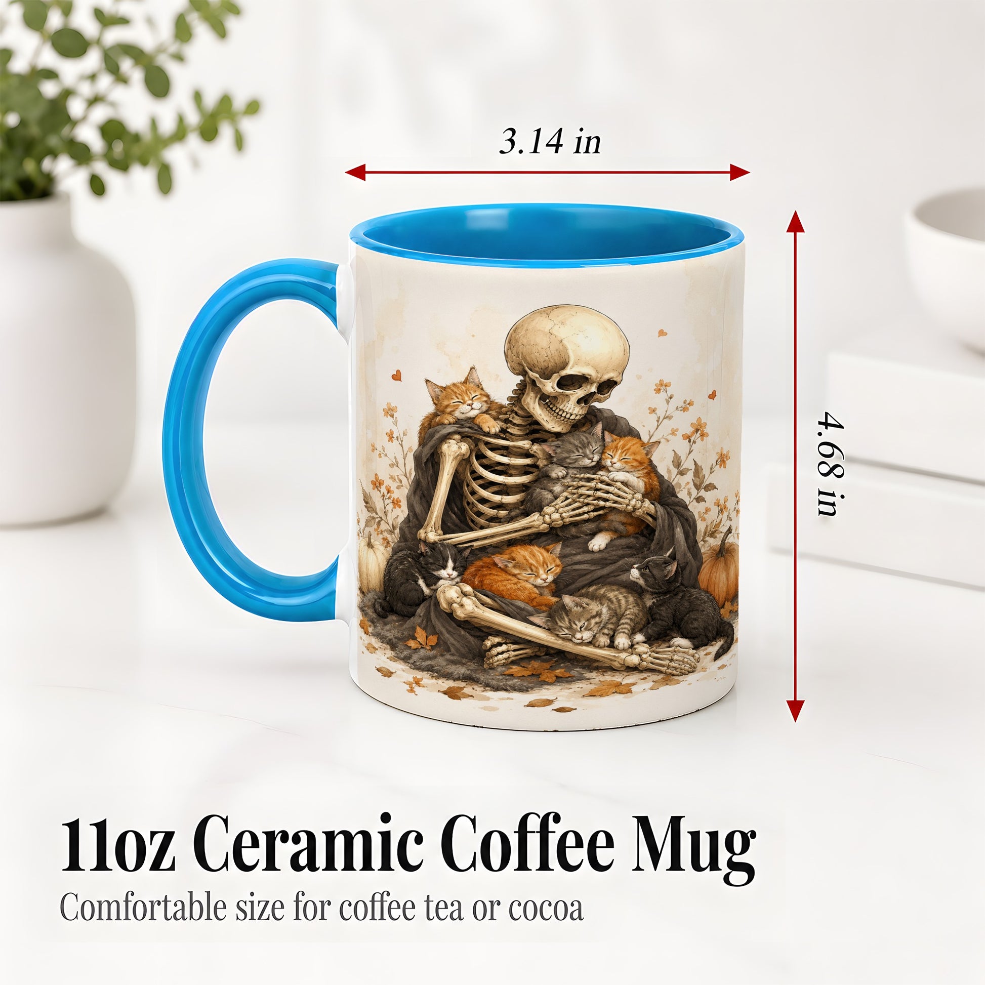 #pl[11oz|Blue] Skeleton Cat Cuddle Ceramic Mug, Autumn Kitten Pumpkin Artwork