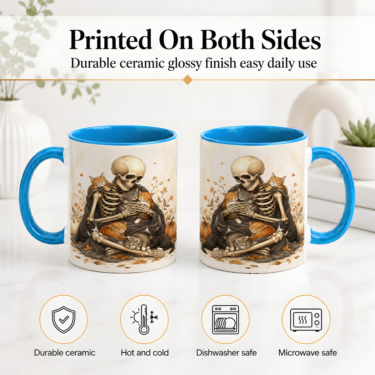 #pl[11oz|Blue] Skeleton Cat Cuddle Ceramic Mug, Autumn Kitten Pumpkin Artwork