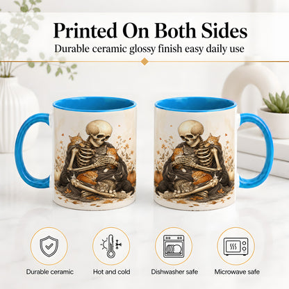#pl[11oz|Blue] Skeleton Cat Cuddle Ceramic Mug, Autumn Kitten Pumpkin Artwork