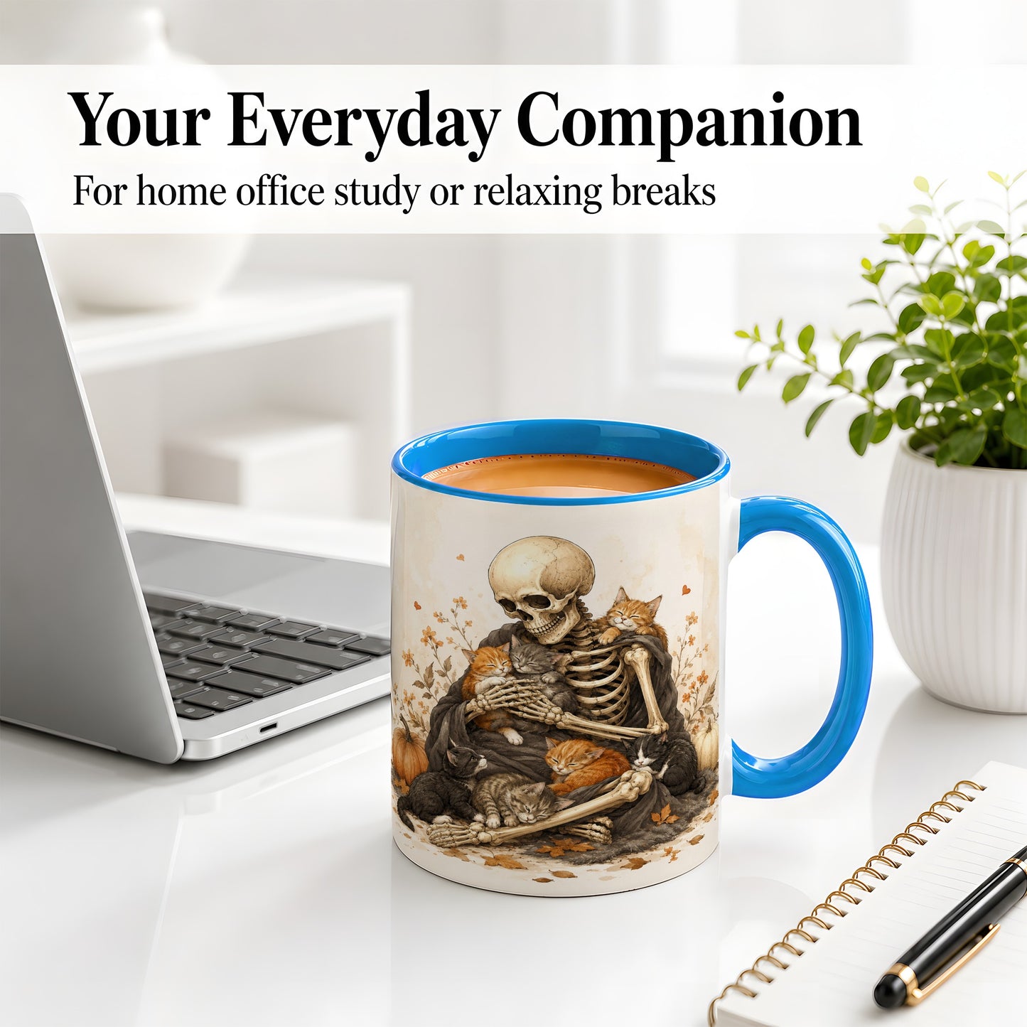 #pl[11oz|Blue] Skeleton Cat Cuddle Ceramic Mug, Autumn Kitten Pumpkin Artwork
