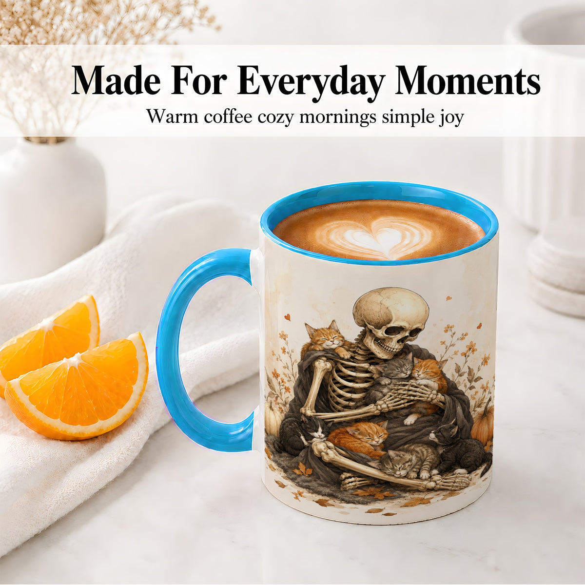 #pl[11oz|Blue] Skeleton Cat Cuddle Ceramic Mug, Autumn Kitten Pumpkin Artwork