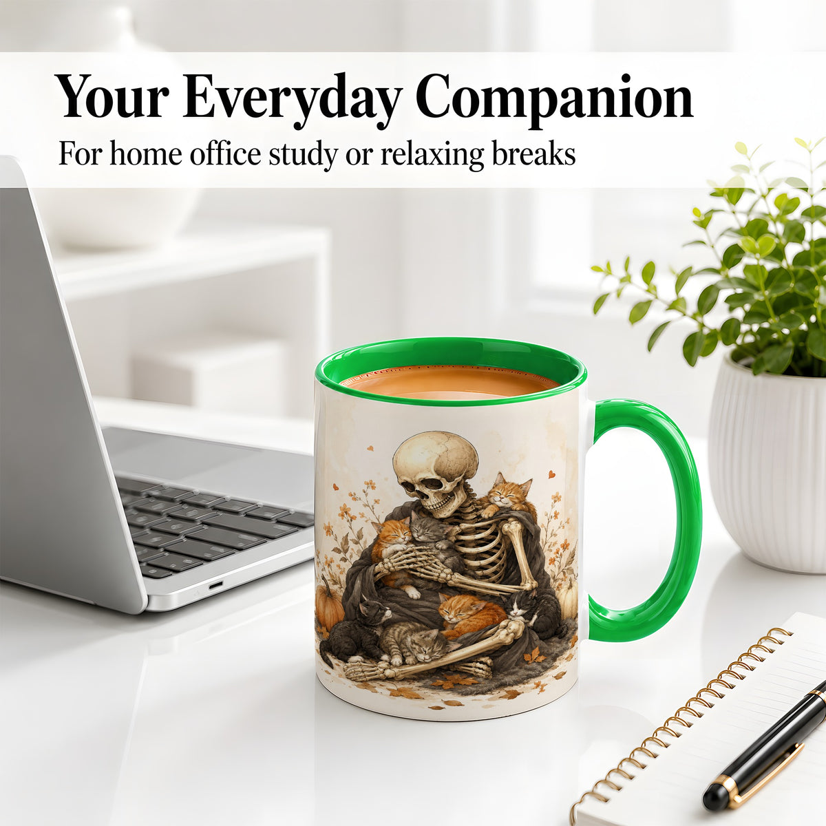 #pl[11oz|Green] Skeleton Cat Cuddle Ceramic Mug, Autumn Kitten Pumpkin Artwork