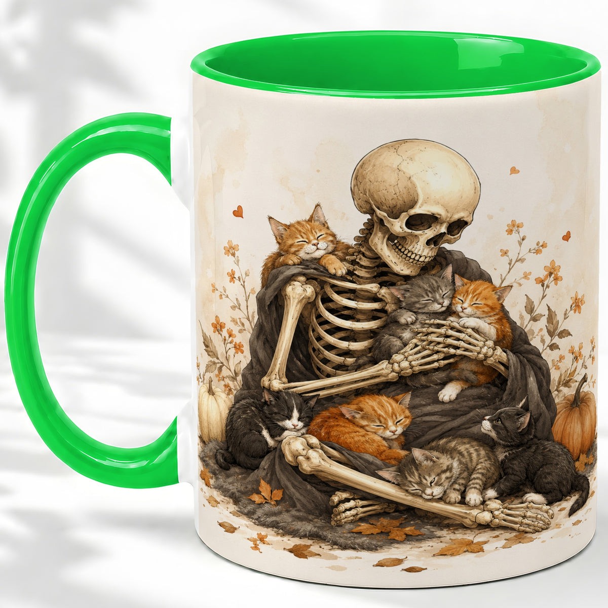 #pl[11oz|Green] Skeleton Cat Cuddle Ceramic Mug, Autumn Kitten Pumpkin Artwork