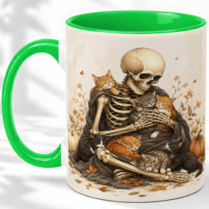 #pl[11oz|Green] Skeleton Cat Cuddle Ceramic Mug, Autumn Kitten Pumpkin Artwork