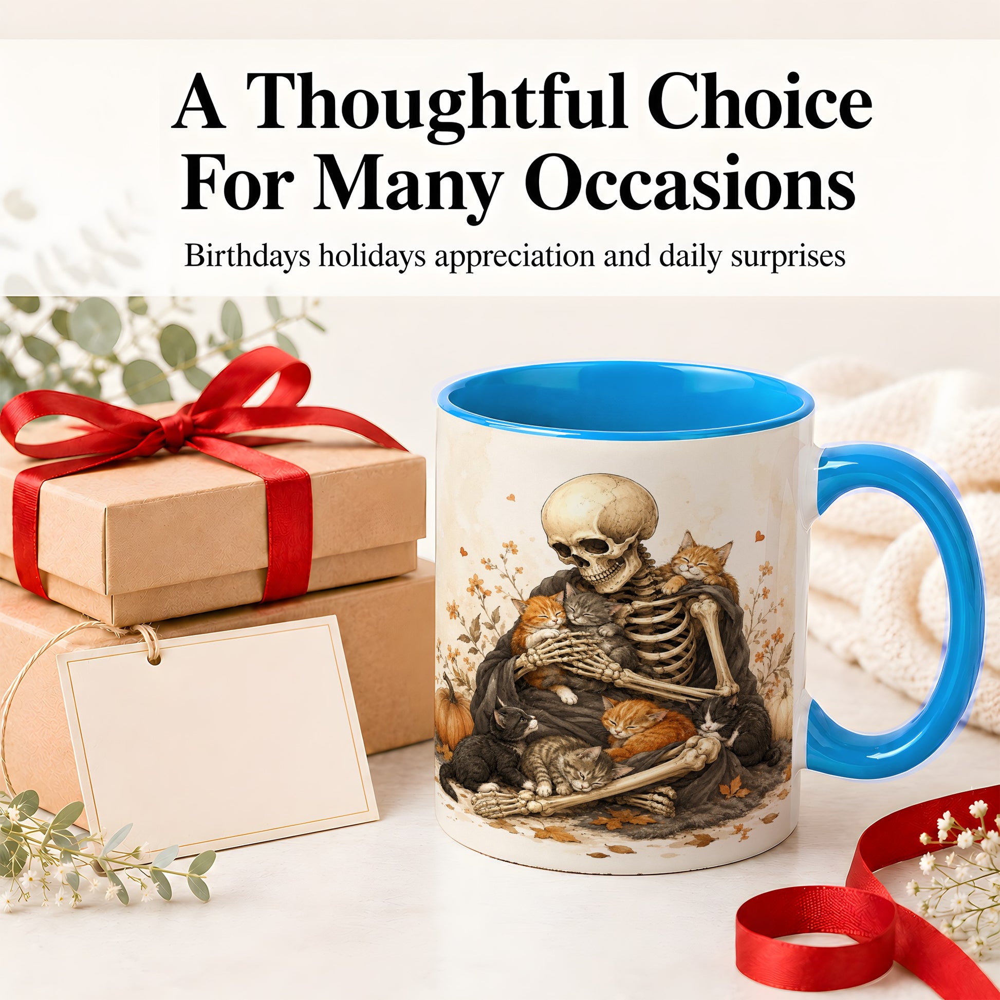 #pl[11oz|Blue] Skeleton Cat Cuddle Ceramic Mug, Autumn Kitten Pumpkin Artwork