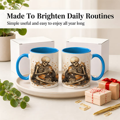 #pl[11oz|Blue] Skeleton Cat Cuddle Ceramic Mug, Autumn Kitten Pumpkin Artwork