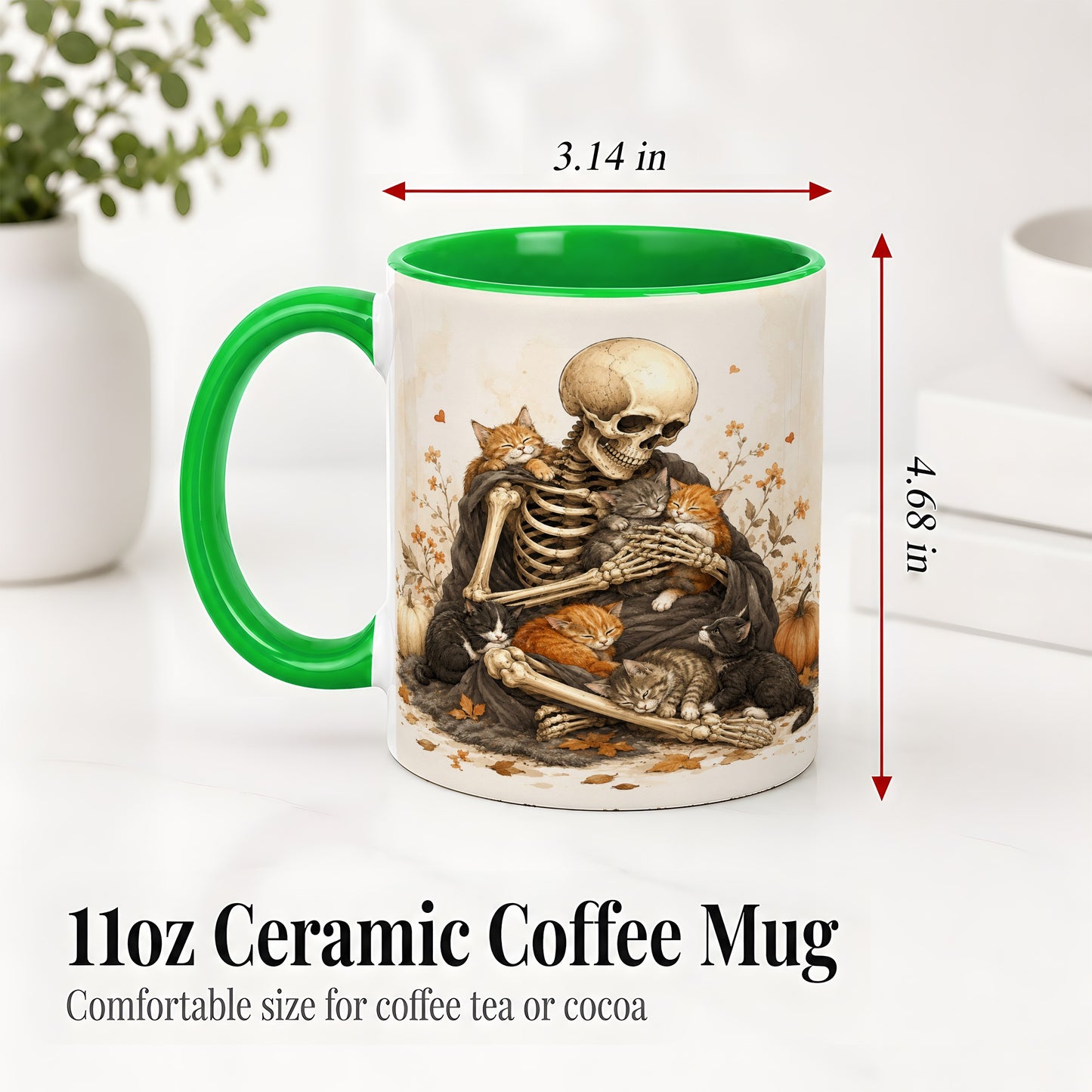 #pl[11oz|Green] Skeleton Cat Cuddle Ceramic Mug, Autumn Kitten Pumpkin Artwork