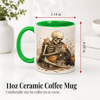 #pl[11oz|Green] Skeleton Cat Cuddle Ceramic Mug, Autumn Kitten Pumpkin Artwork