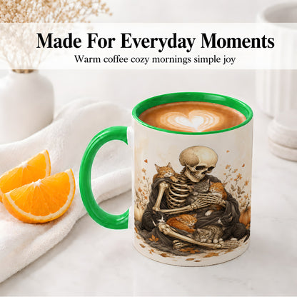 #pl[11oz|Green] Skeleton Cat Cuddle Ceramic Mug, Autumn Kitten Pumpkin Artwork
