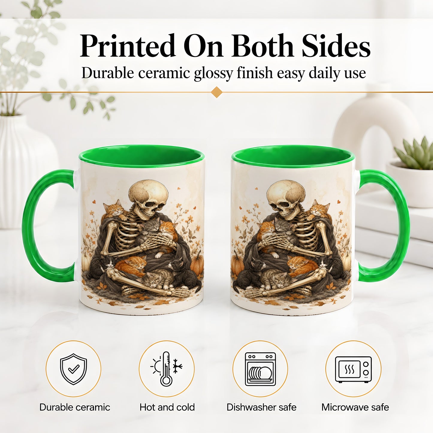 #pl[11oz|Green] Skeleton Cat Cuddle Ceramic Mug, Autumn Kitten Pumpkin Artwork