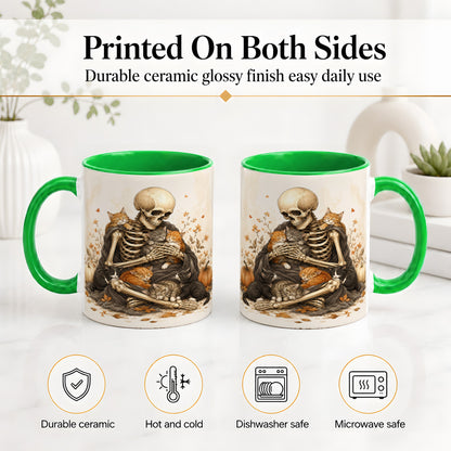 #pl[11oz|Green] Skeleton Cat Cuddle Ceramic Mug, Autumn Kitten Pumpkin Artwork