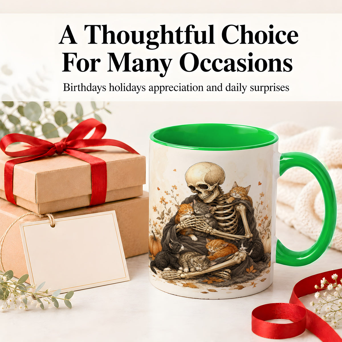 #pl[11oz|Green] Skeleton Cat Cuddle Ceramic Mug, Autumn Kitten Pumpkin Artwork
