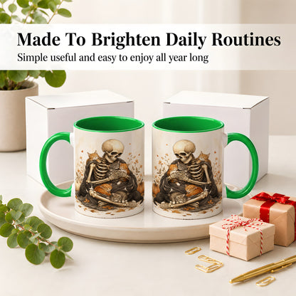 #pl[11oz|Green] Skeleton Cat Cuddle Ceramic Mug, Autumn Kitten Pumpkin Artwork