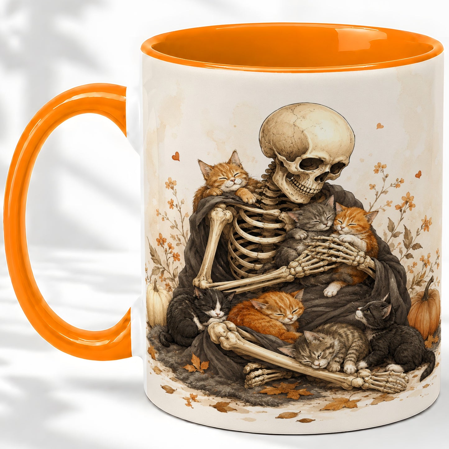 #pl[11oz|Orange] Skeleton Cat Cuddle Ceramic Mug, Autumn Kitten Pumpkin Artwork
