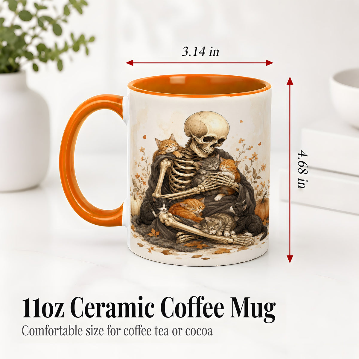 #pl[11oz|Orange] Skeleton Cat Cuddle Ceramic Mug, Autumn Kitten Pumpkin Artwork
