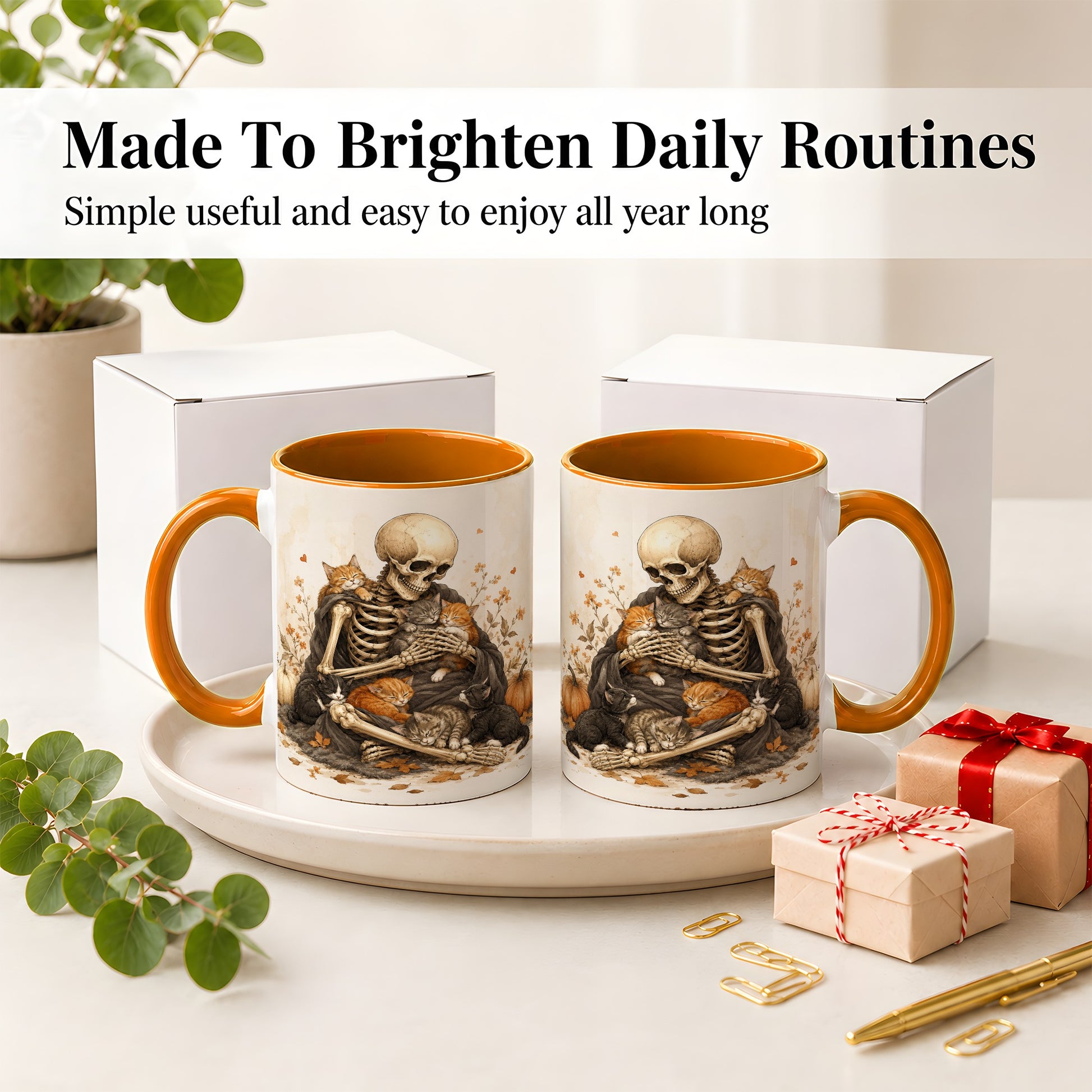 #pl[11oz|Orange] Skeleton Cat Cuddle Ceramic Mug, Autumn Kitten Pumpkin Artwork