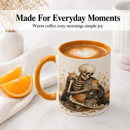 #pl[11oz|Orange] Skeleton Cat Cuddle Ceramic Mug, Autumn Kitten Pumpkin Artwork