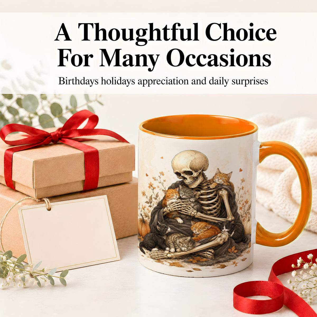 #pl[11oz|Orange] Skeleton Cat Cuddle Ceramic Mug, Autumn Kitten Pumpkin Artwork