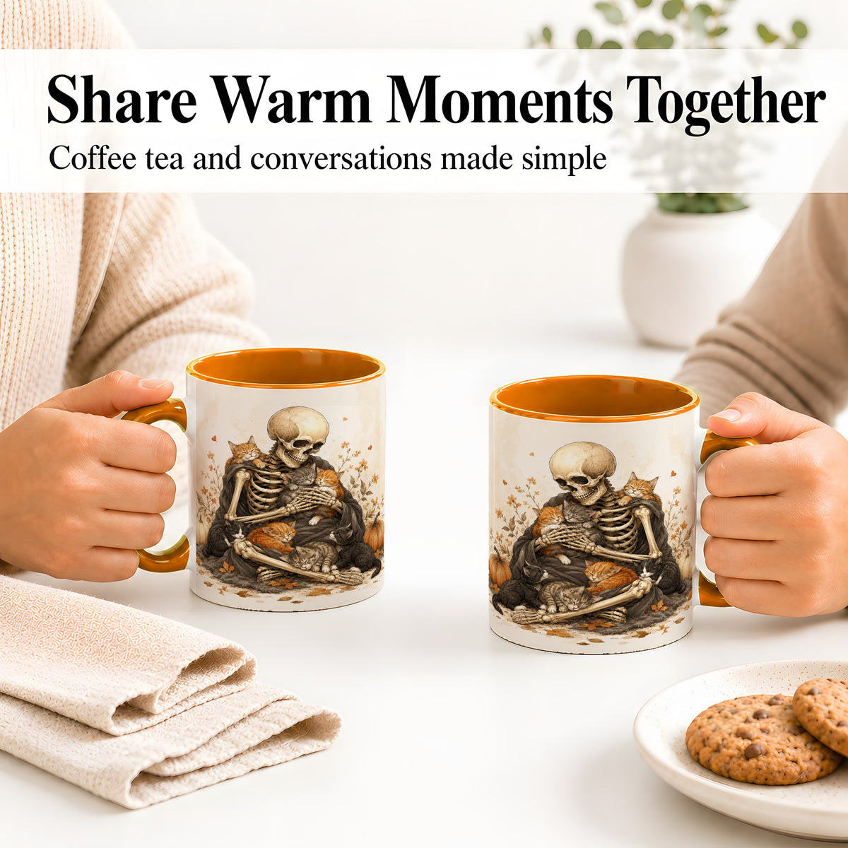 #pl[11oz|Orange] Skeleton Cat Cuddle Ceramic Mug, Autumn Kitten Pumpkin Artwork