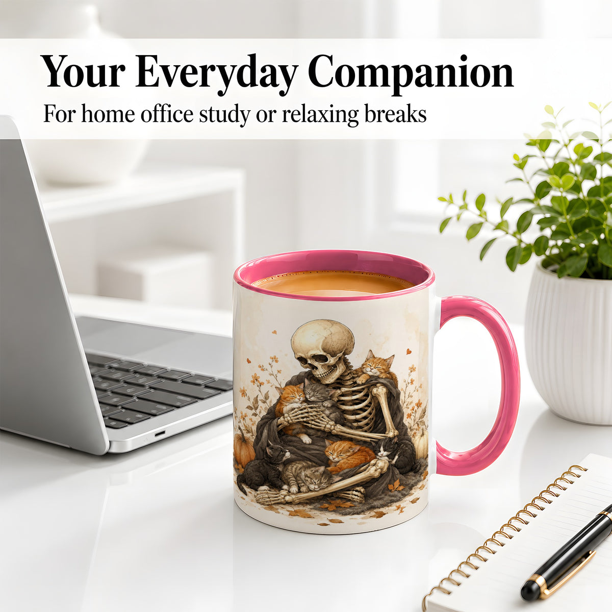 #pl[11oz|Pink] Skeleton Cat Cuddle Ceramic Mug, Autumn Kitten Pumpkin Artwork