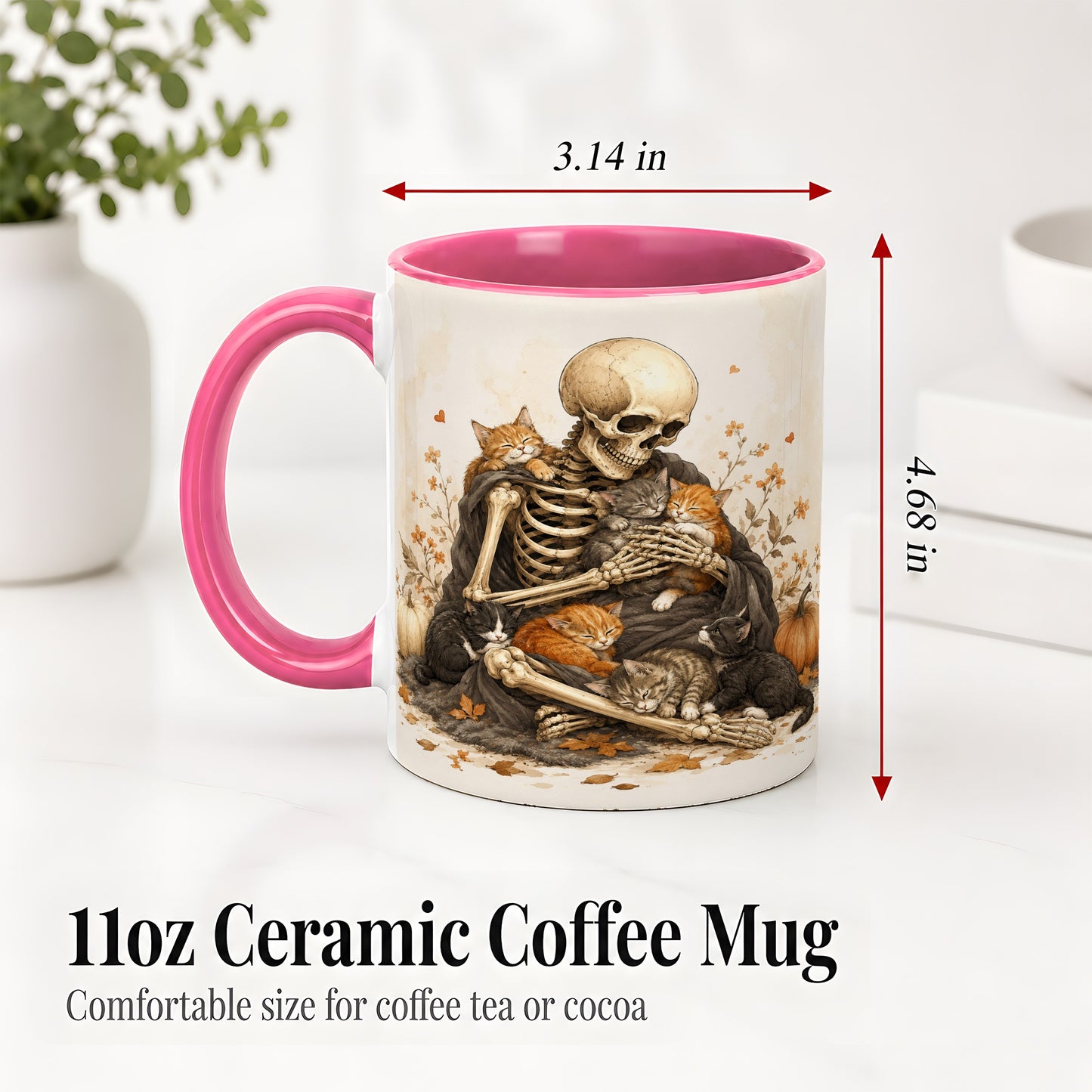 #pl[11oz|Pink] Skeleton Cat Cuddle Ceramic Mug, Autumn Kitten Pumpkin Artwork
