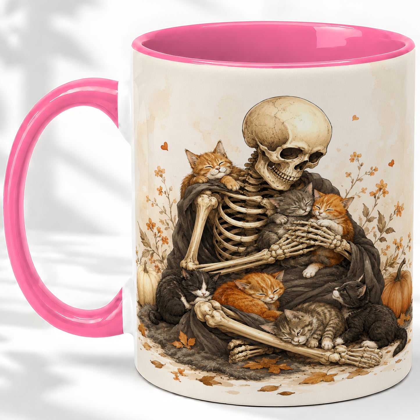 #pl[11oz|Pink] Skeleton Cat Cuddle Ceramic Mug, Autumn Kitten Pumpkin Artwork