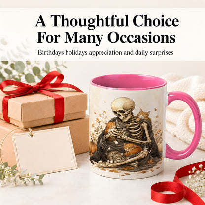 #pl[11oz|Pink] Skeleton Cat Cuddle Ceramic Mug, Autumn Kitten Pumpkin Artwork