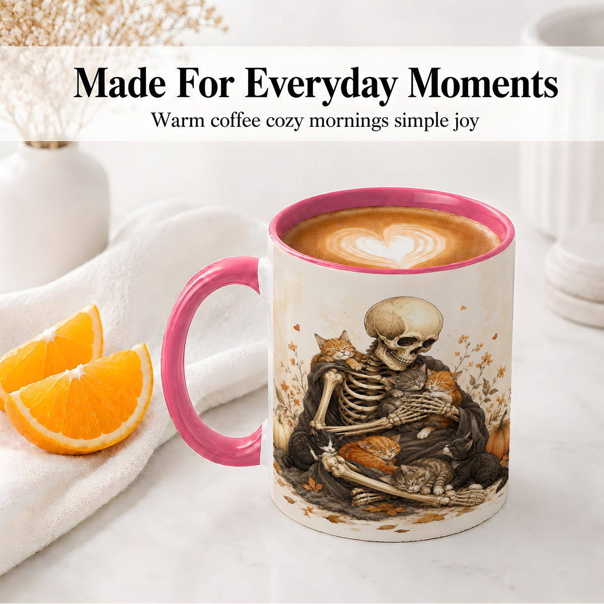 #pl[11oz|Pink] Skeleton Cat Cuddle Ceramic Mug, Autumn Kitten Pumpkin Artwork