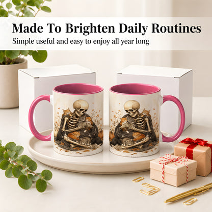 #pl[11oz|Pink] Skeleton Cat Cuddle Ceramic Mug, Autumn Kitten Pumpkin Artwork