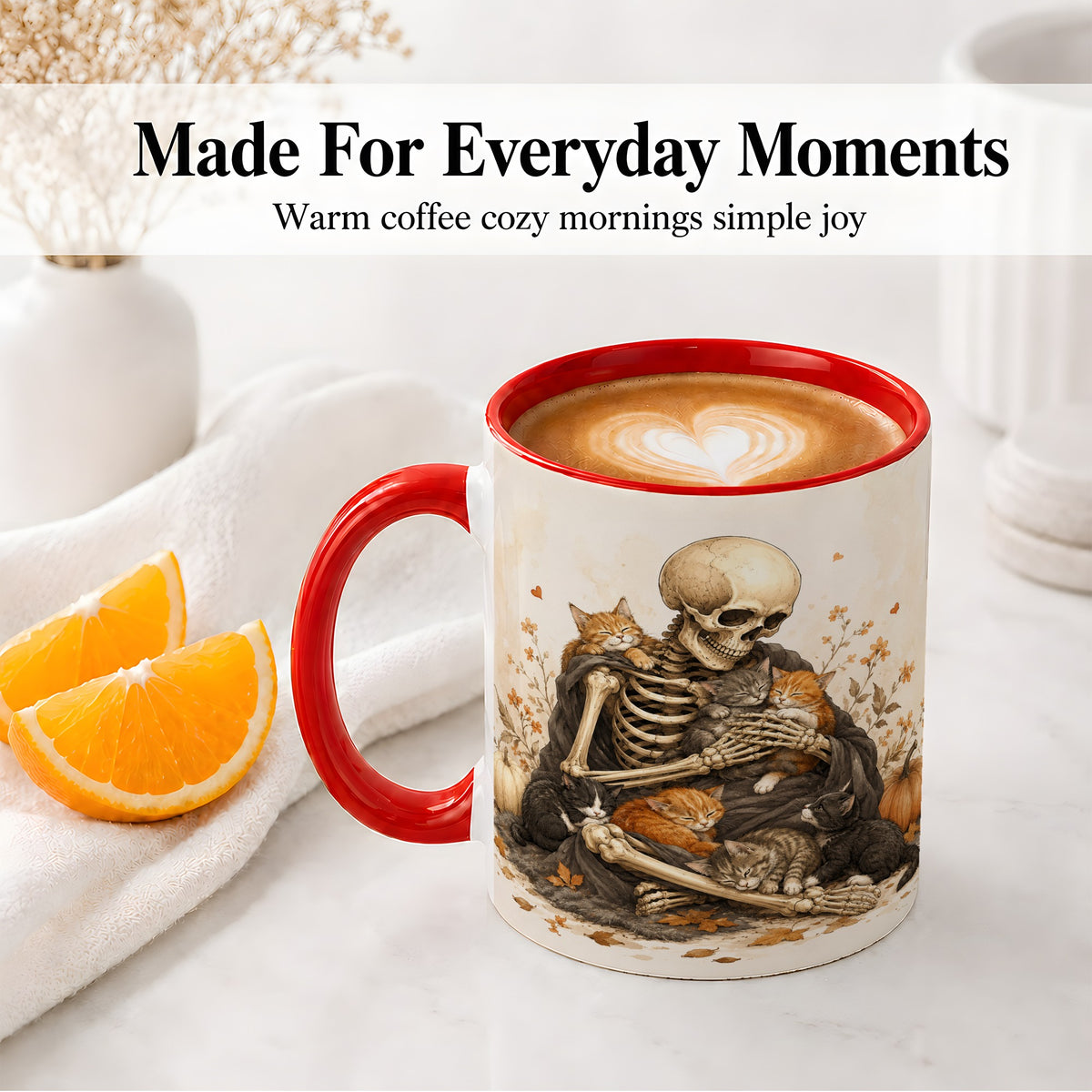 #pl[11oz|Red] Skeleton Cat Cuddle Ceramic Mug, Autumn Kitten Pumpkin Artwork