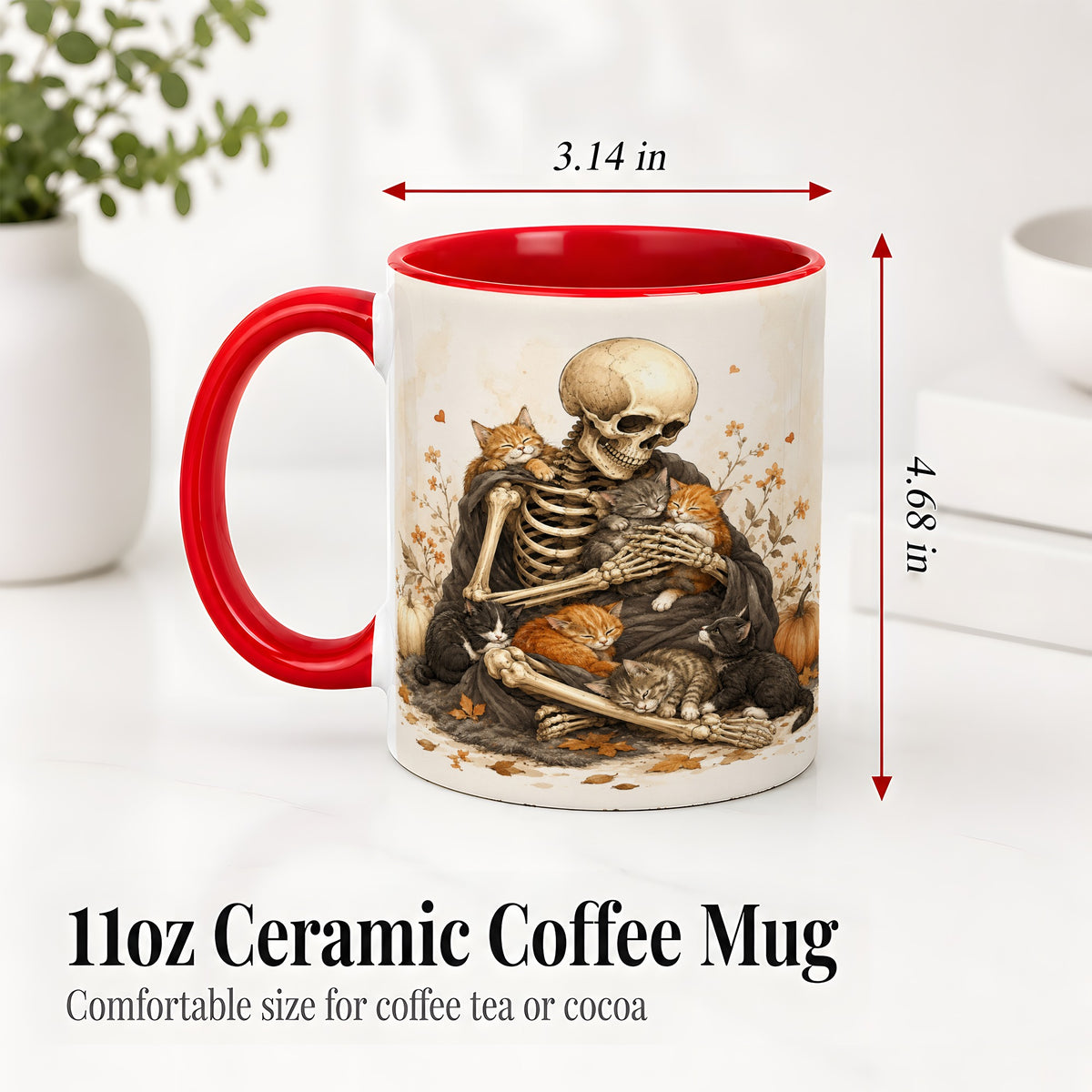 #pl[11oz|Red] Skeleton Cat Cuddle Ceramic Mug, Autumn Kitten Pumpkin Artwork
