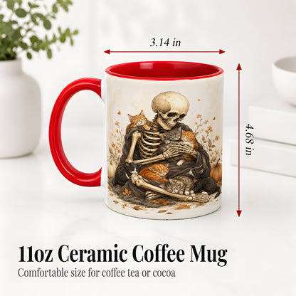 #pl[11oz|Red] Skeleton Cat Cuddle Ceramic Mug, Autumn Kitten Pumpkin Artwork