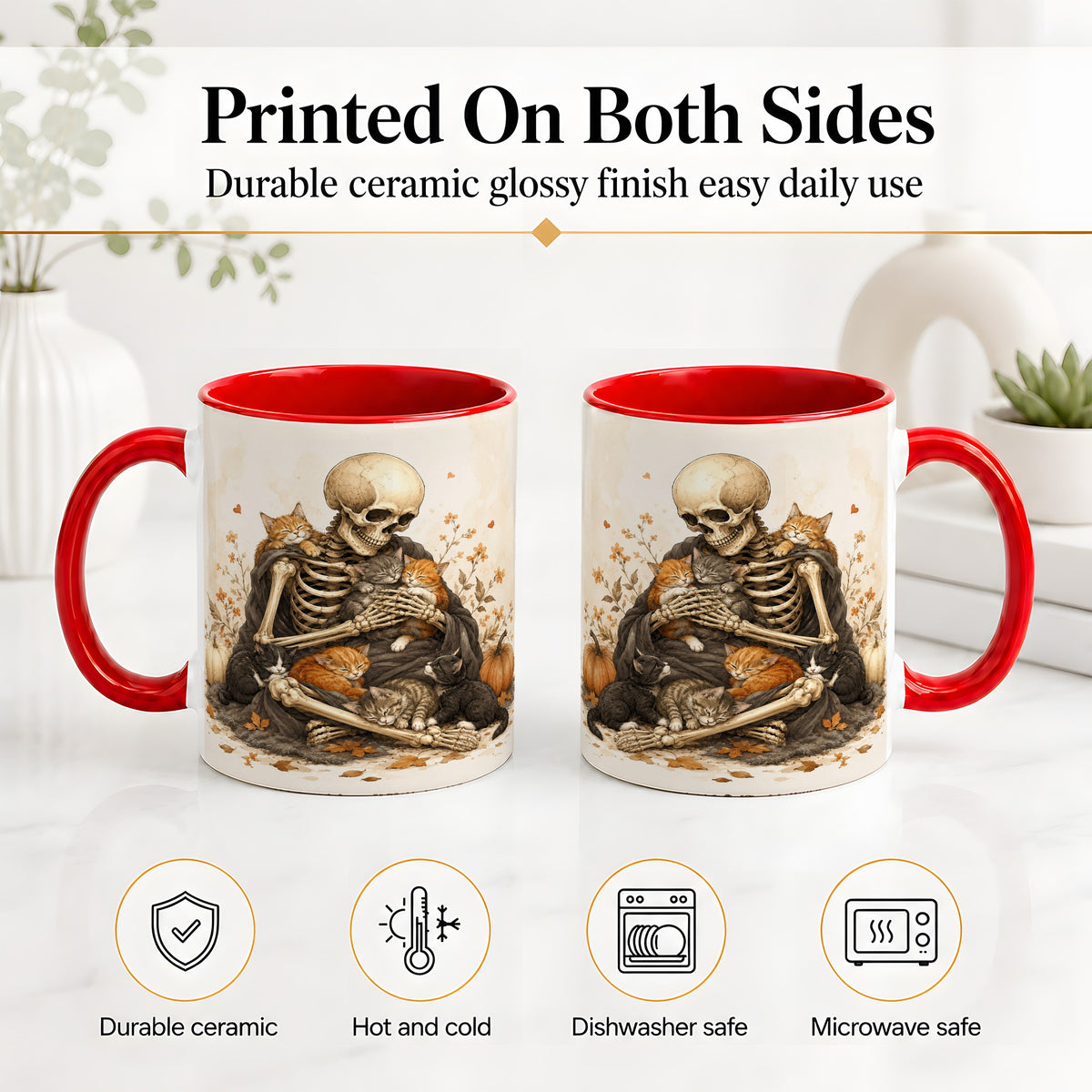 #pl[11oz|Red] Skeleton Cat Cuddle Ceramic Mug, Autumn Kitten Pumpkin Artwork