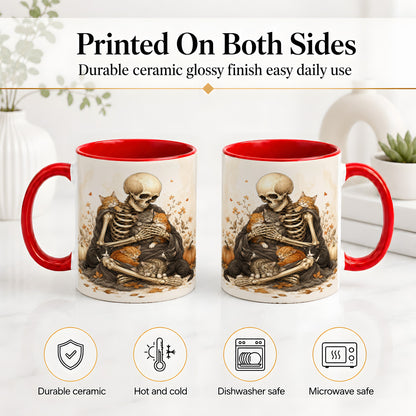 #pl[11oz|Red] Skeleton Cat Cuddle Ceramic Mug, Autumn Kitten Pumpkin Artwork