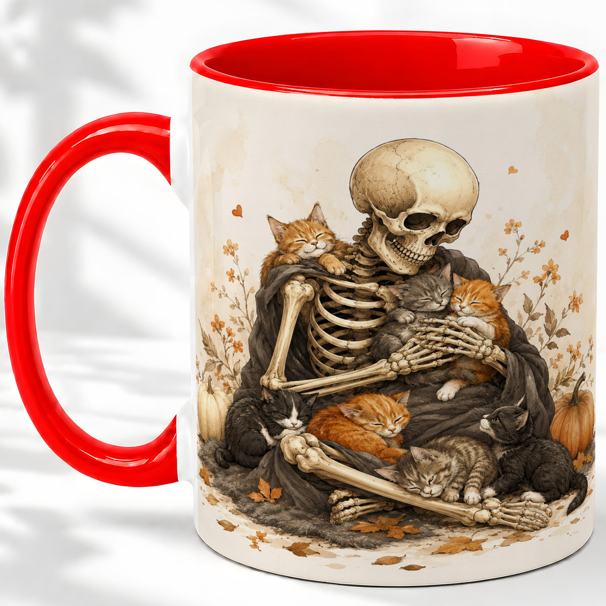 Skeleton Cat Cuddle Ceramic Mug, Autumn Kitten Pumpkin Artwork