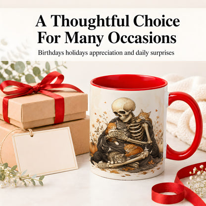 #pl[11oz|Red] Skeleton Cat Cuddle Ceramic Mug, Autumn Kitten Pumpkin Artwork