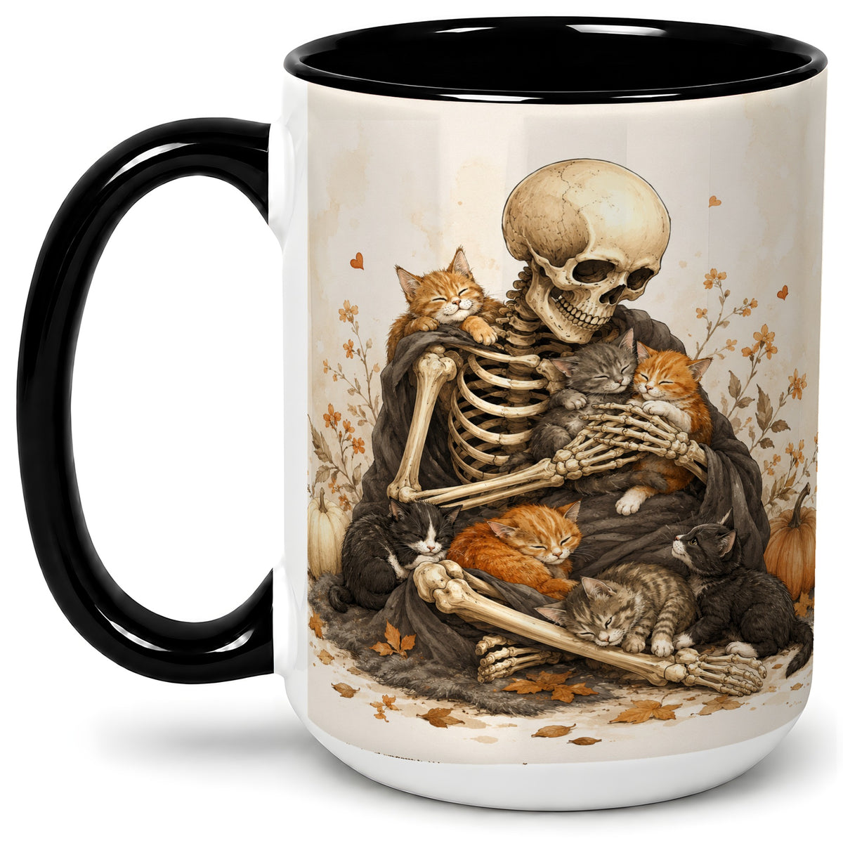 #pl[15oz|Black] Skeleton Cat Cuddle Ceramic Mug, Autumn Kitten Pumpkin Artwork
