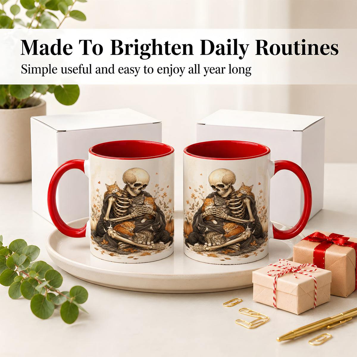 #pl[11oz|Red] Skeleton Cat Cuddle Ceramic Mug, Autumn Kitten Pumpkin Artwork