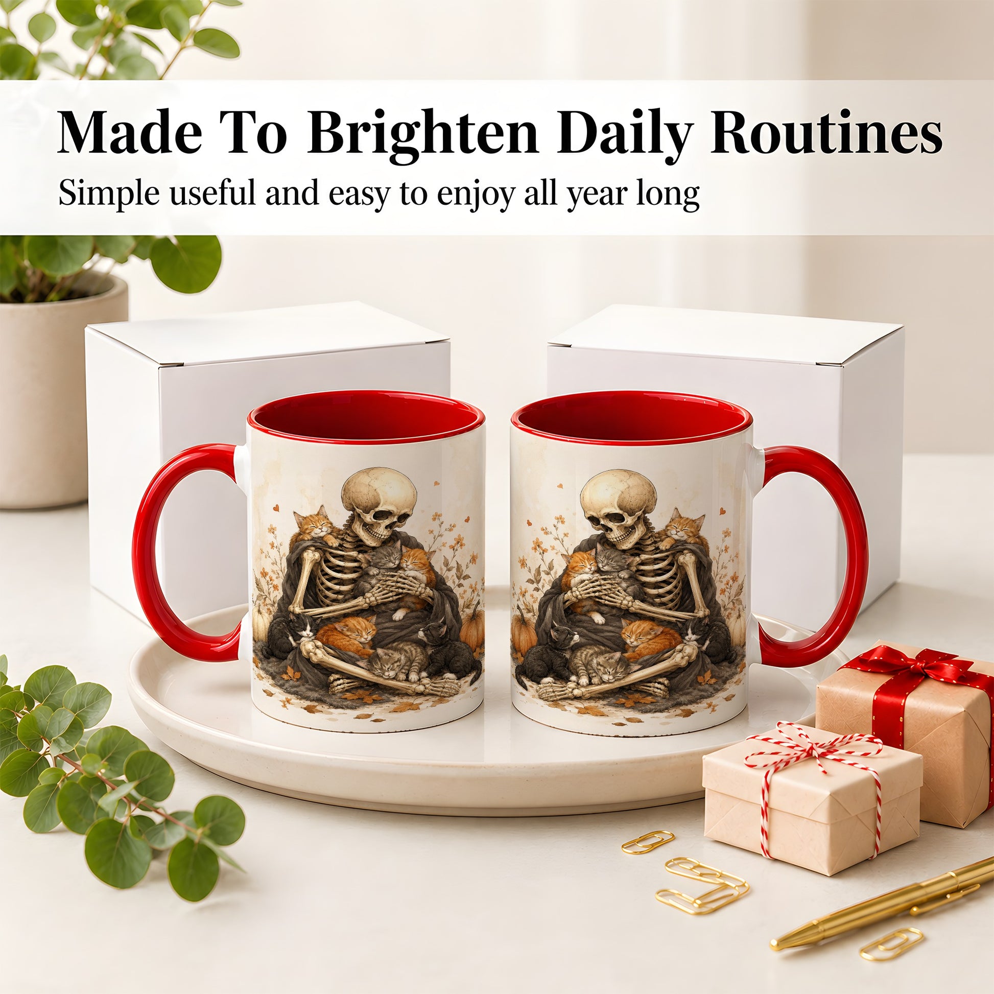 #pl[11oz|Red] Skeleton Cat Cuddle Ceramic Mug, Autumn Kitten Pumpkin Artwork