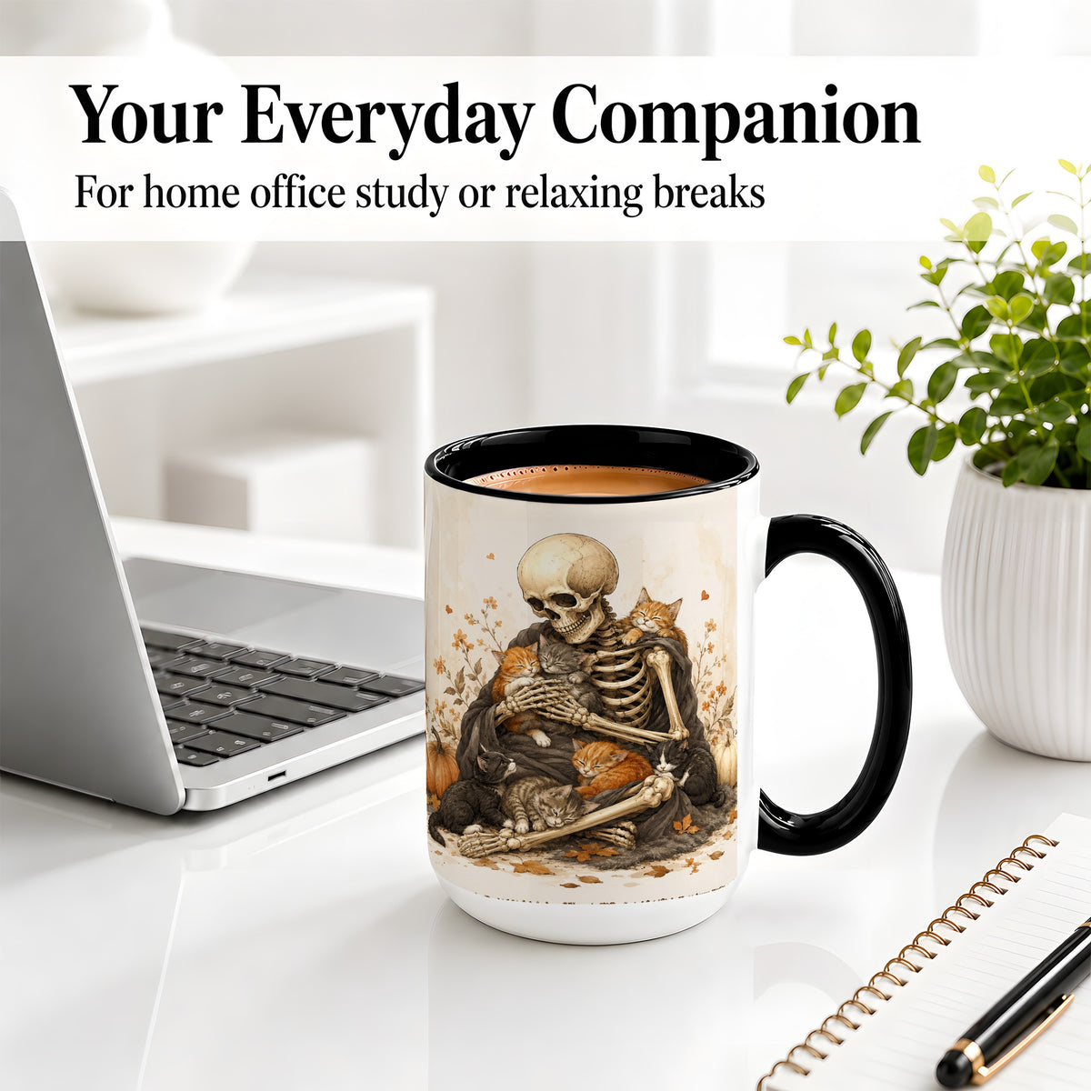 #pl[15oz|Black] Skeleton Cat Cuddle Ceramic Mug, Autumn Kitten Pumpkin Artwork