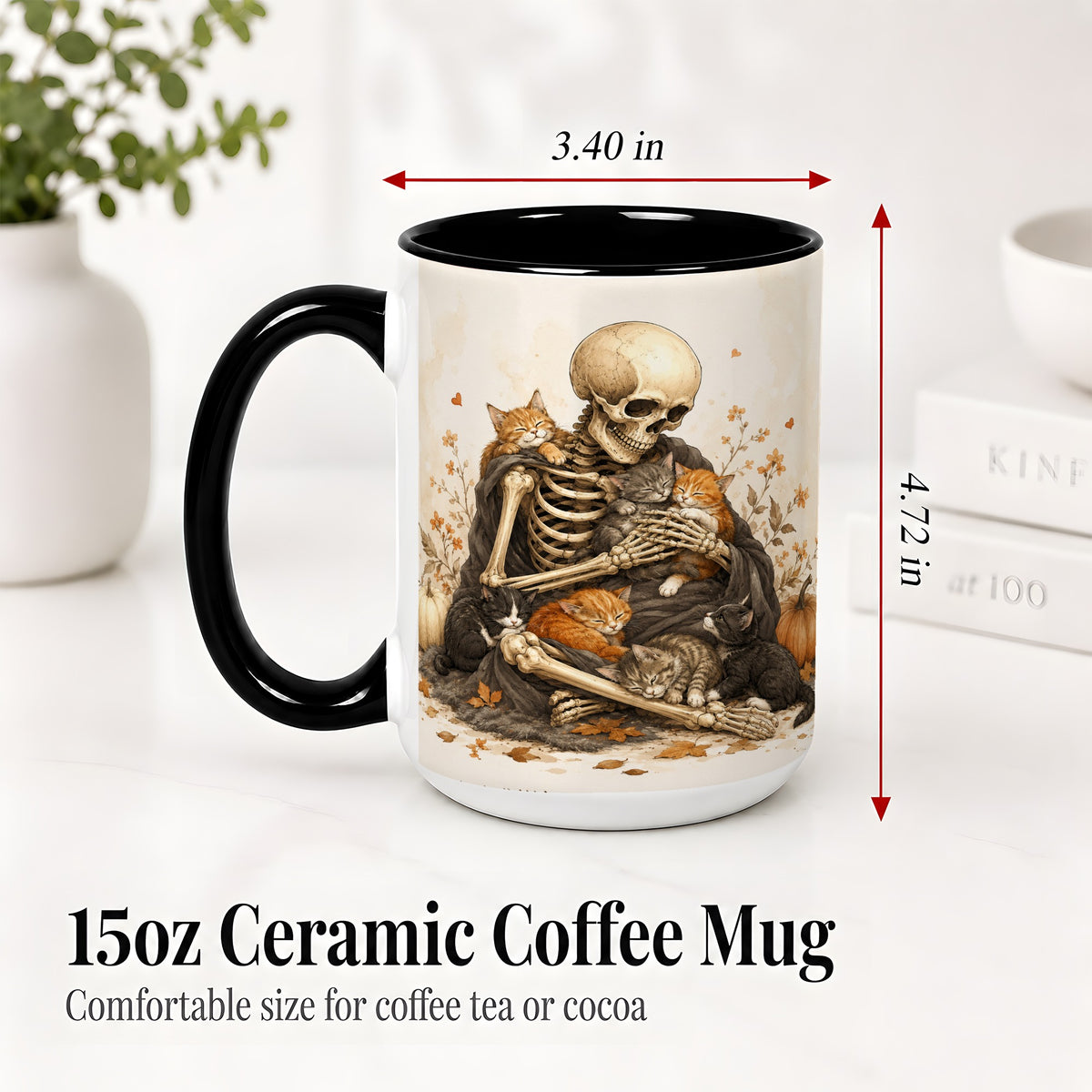 #pl[15oz|Black] Skeleton Cat Cuddle Ceramic Mug, Autumn Kitten Pumpkin Artwork
