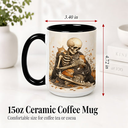 #pl[15oz|Black] Skeleton Cat Cuddle Ceramic Mug, Autumn Kitten Pumpkin Artwork
