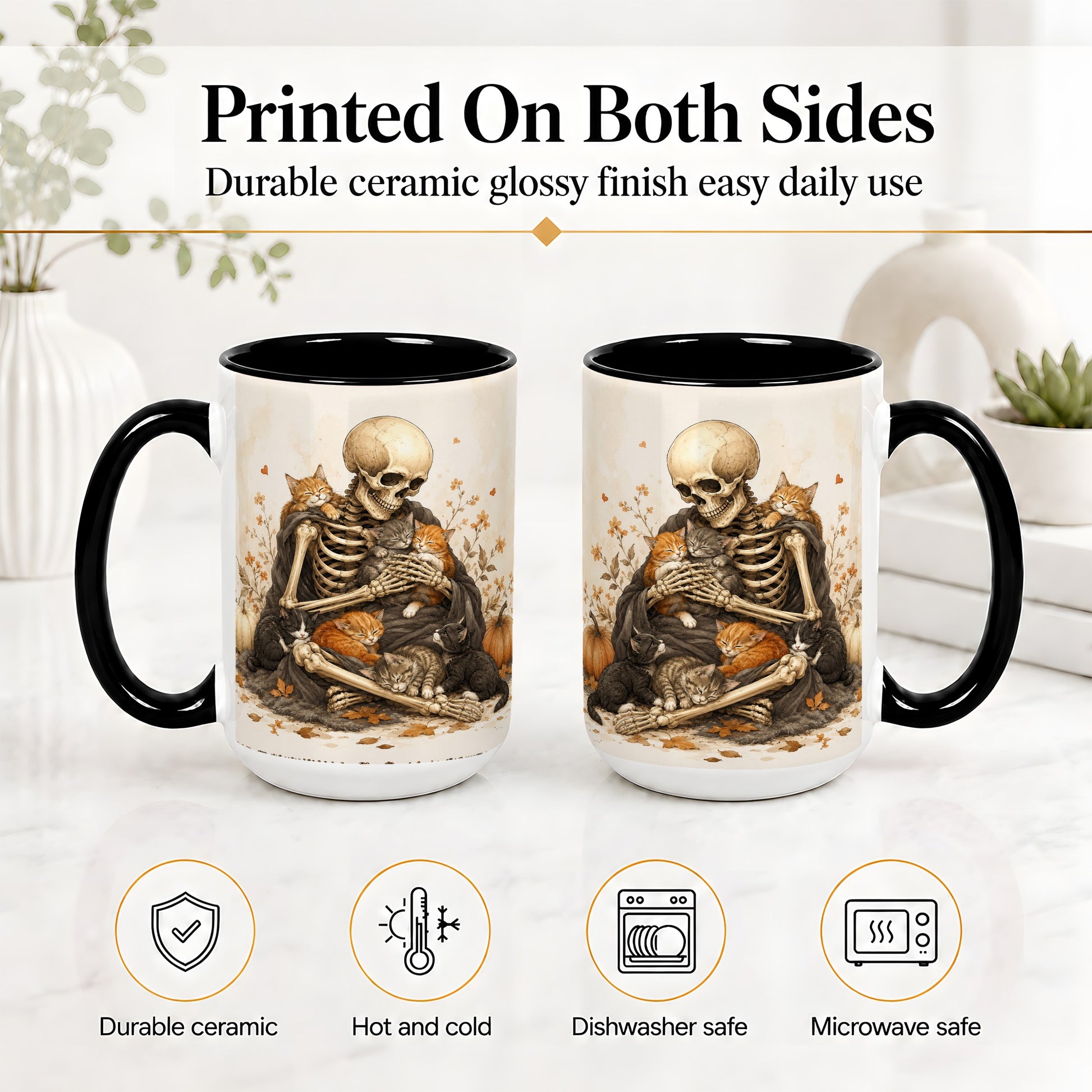 #pl[15oz|Black] Skeleton Cat Cuddle Ceramic Mug, Autumn Kitten Pumpkin Artwork