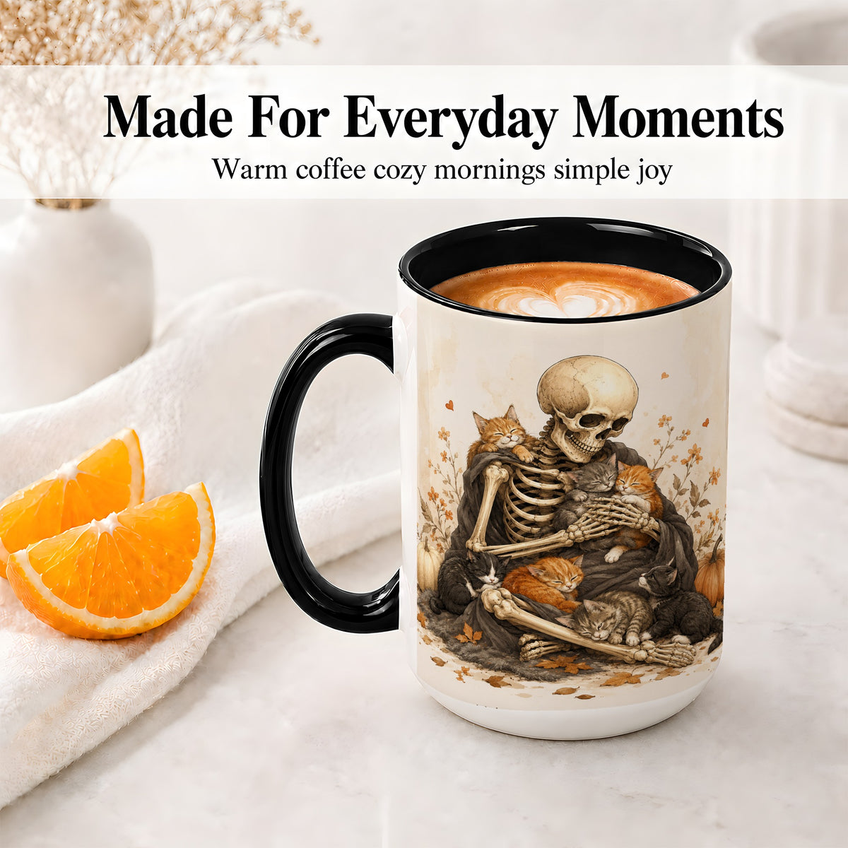 #pl[15oz|Black] Skeleton Cat Cuddle Ceramic Mug, Autumn Kitten Pumpkin Artwork
